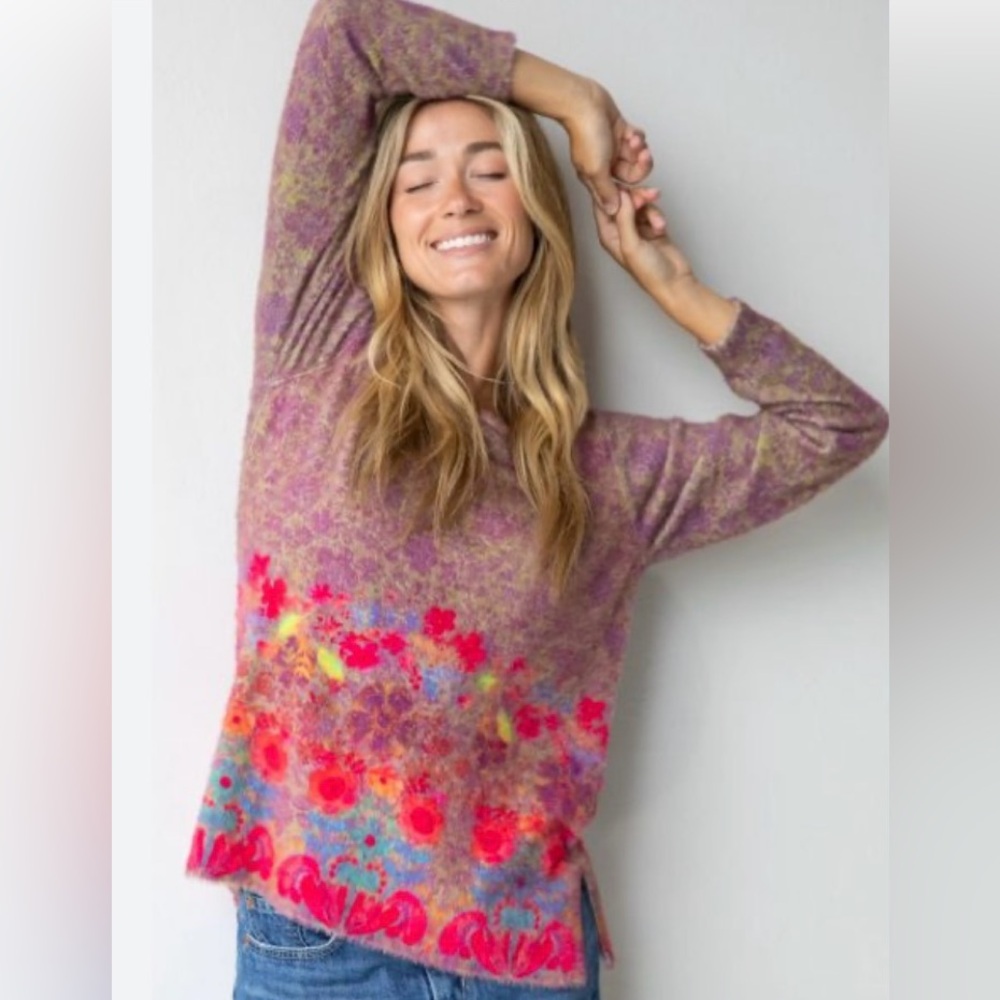 NATURAL LIFE Purple Floral Crewneck Sweater with Pink & Blue Accents
